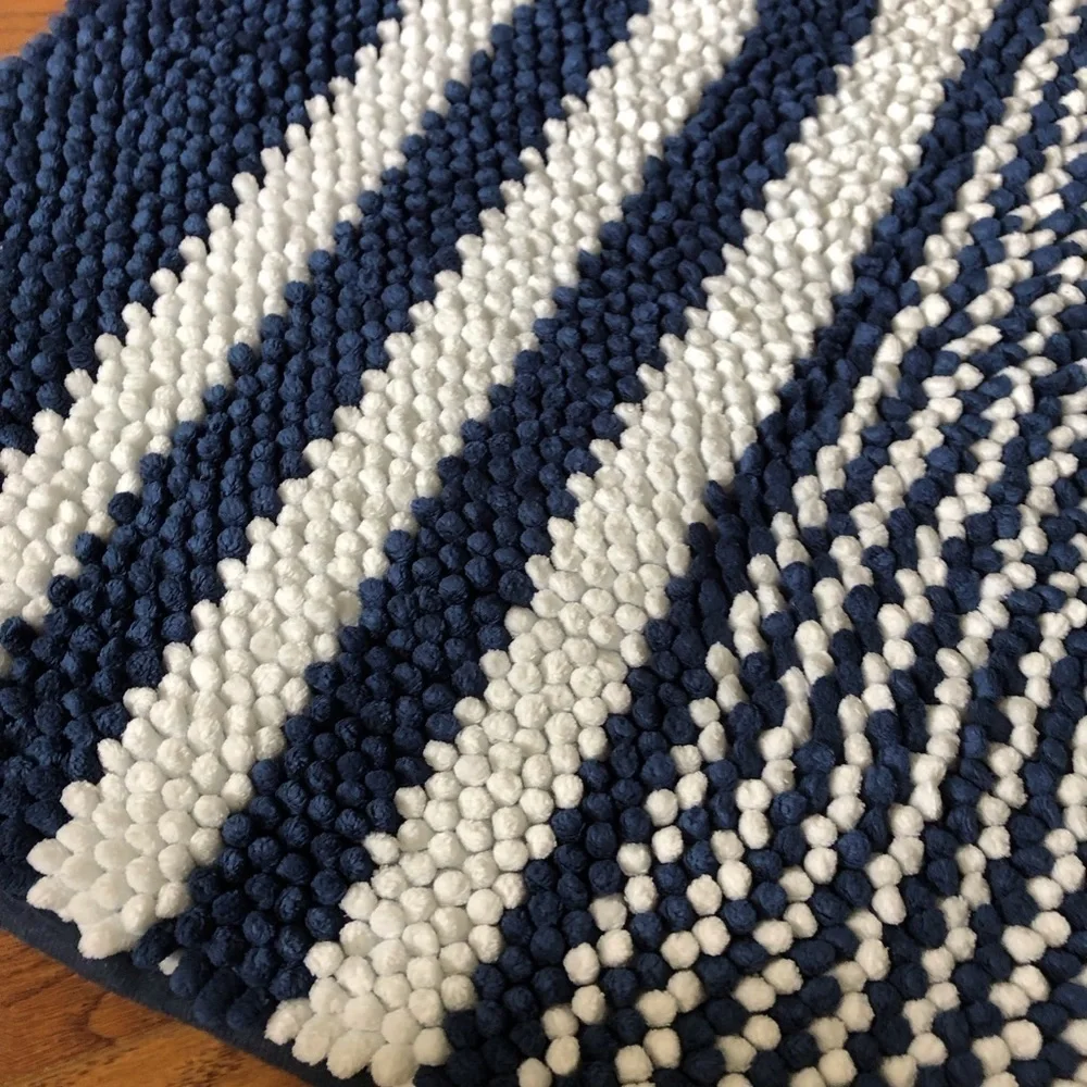 Blue & white striped non skid bathroom rug